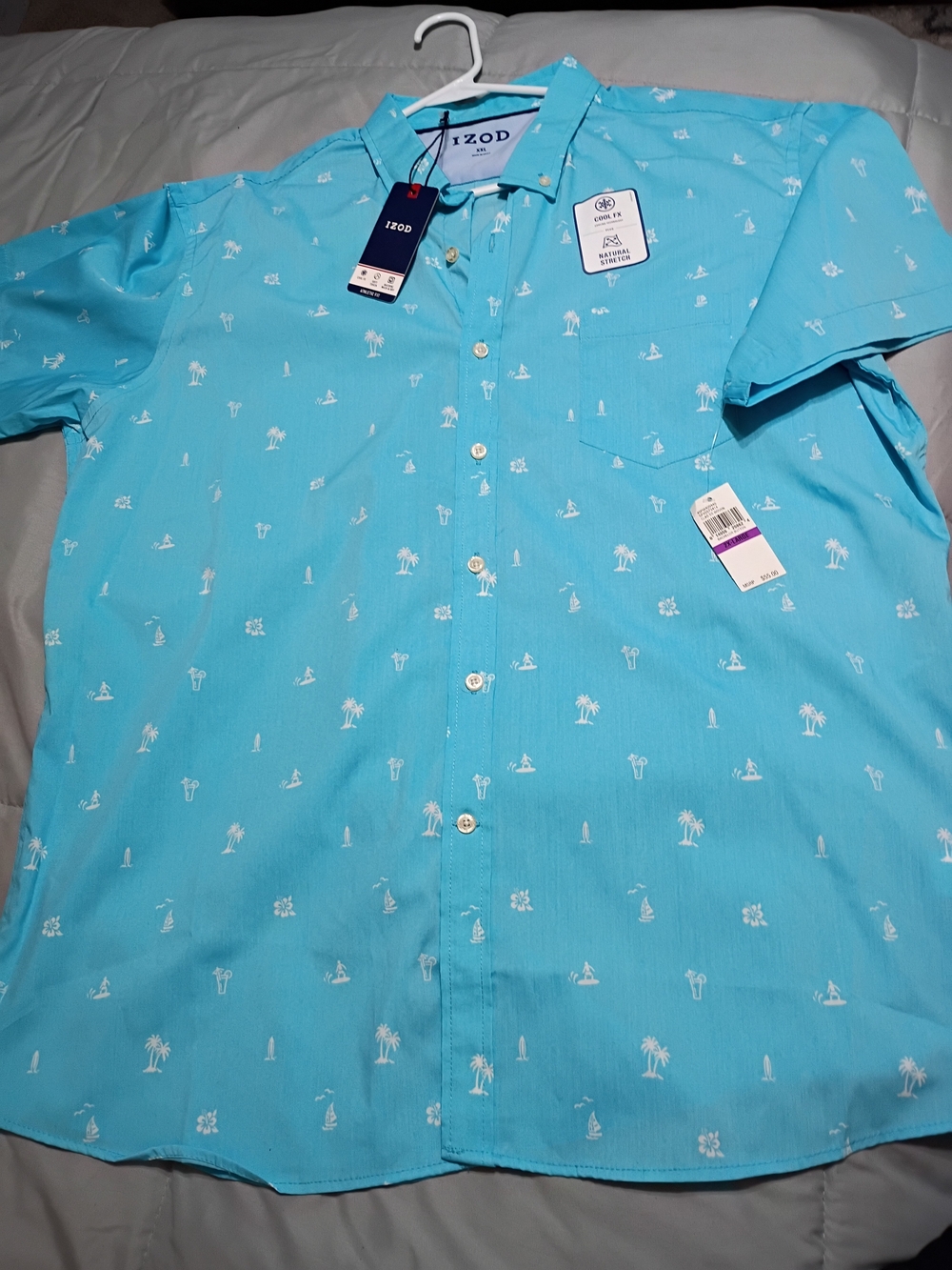 Izod Men’s Aqua Blue Short-Sleeve Button-Down Shirt with White Tropical Print